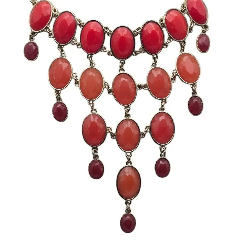 Coral Red Cabochon Necklace Gold Tone Cascading Elegant Glam